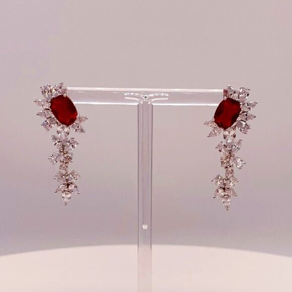 Earring, NWOT, solid 925 sterling, large lab ruby, articulated 1&1/2 in. drop, - Picture 1 of 17